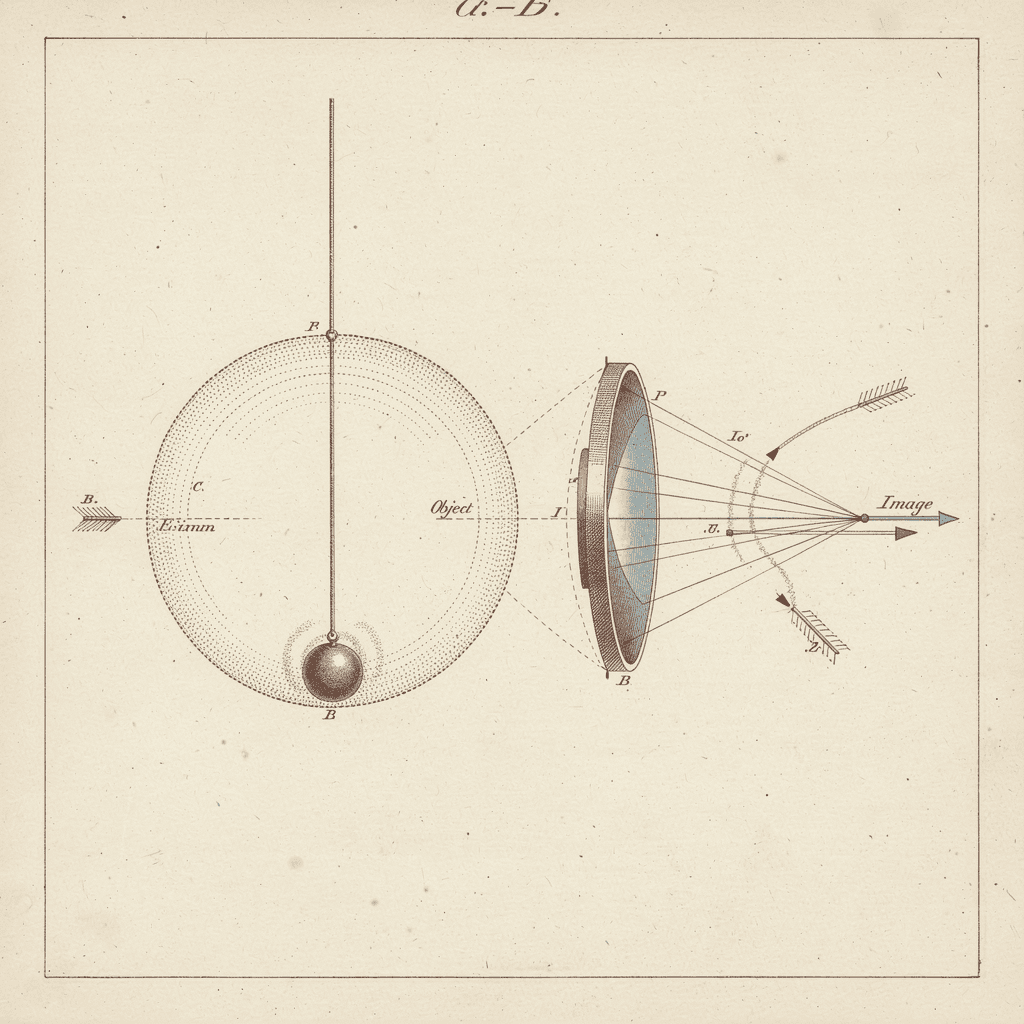 Engraved monograph plate of a pendulum beside a converging-lens ray diagram.